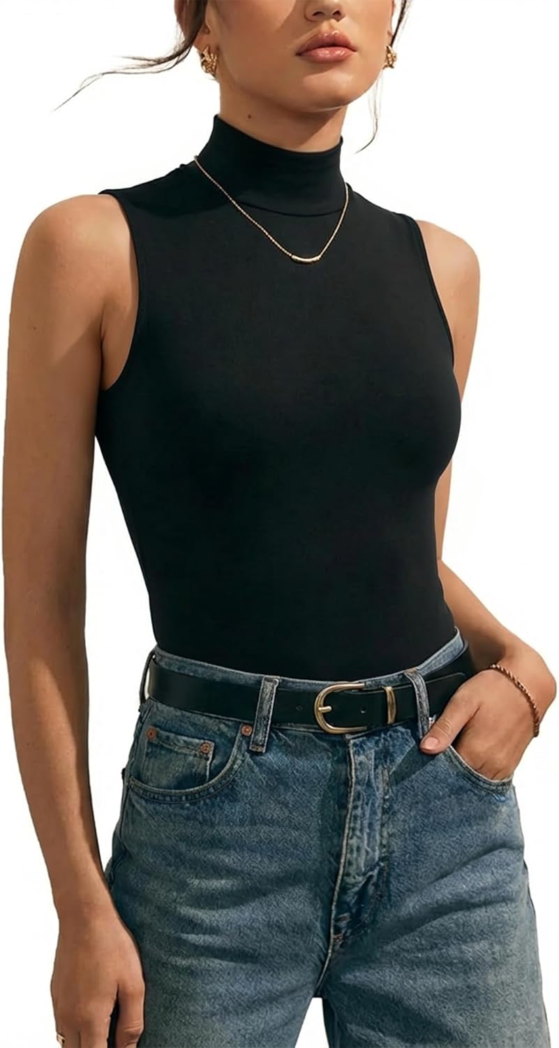 mangopop women's mock turtle neck long sleeve tops bodysuit jumpsuit medium 01 sleeveless black