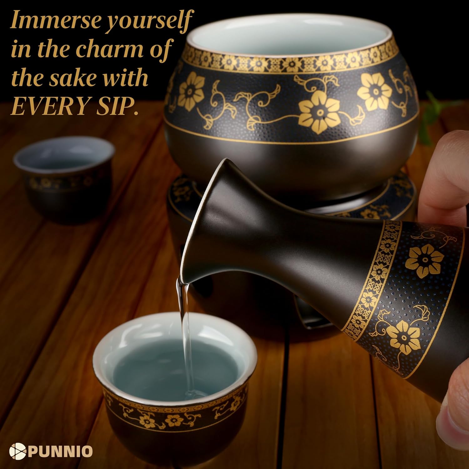Janpanese Sake Set with Wamer, Ceramic 7pcs Sake Set with 1 Sake Carafe 4 Sake Cups 1 Sake Warmer 1 Candle Stove (Black)