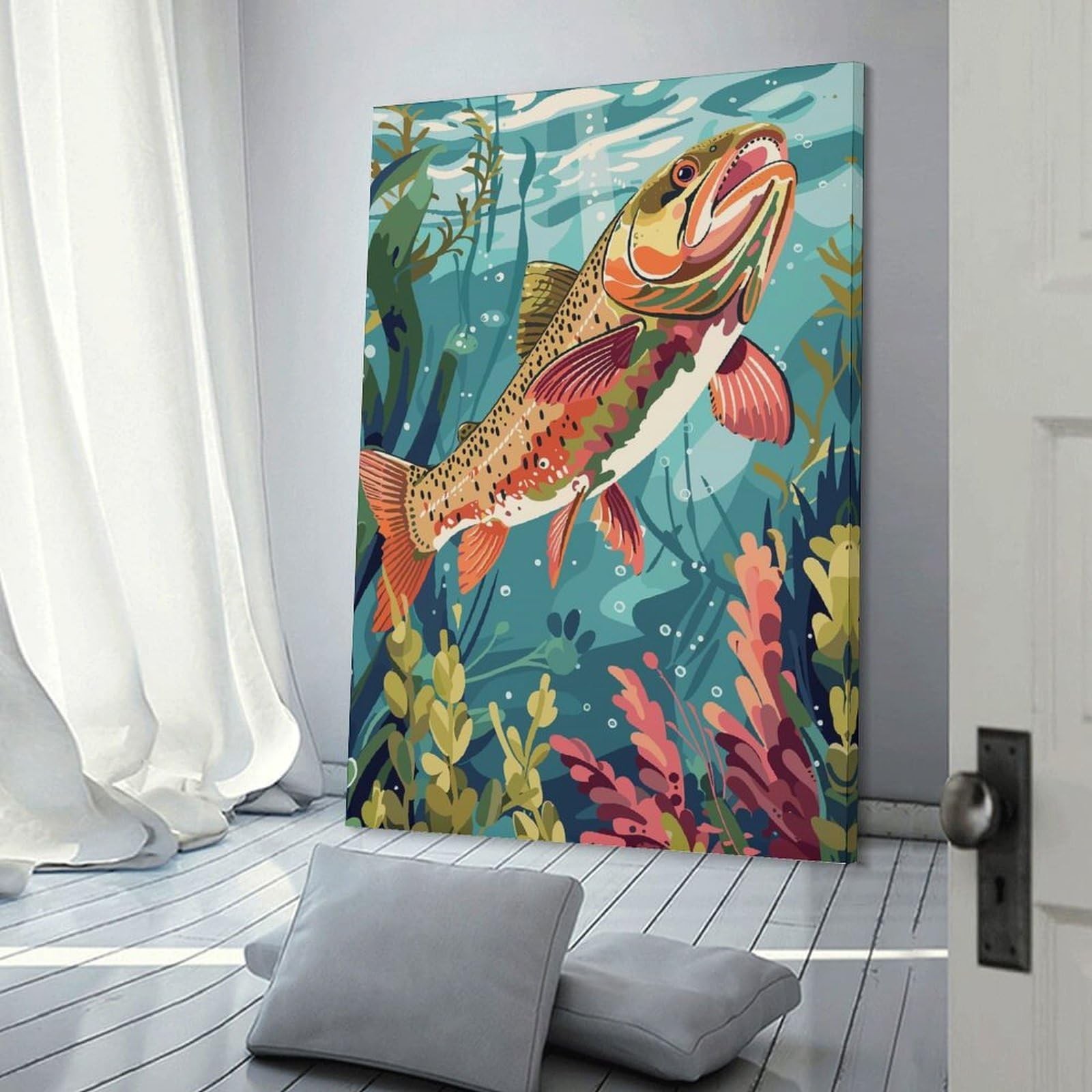 Junmoney Trout in Underwater World Canvas Wall Decor, 24x36inch(60x90cm), for Gallery Wall Decor And Room Displays, Wall Decor Suited to Curated Displays