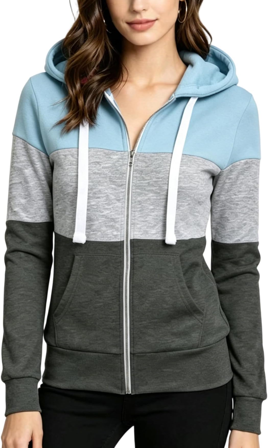 Hoodies for Women Color Block Hooded Sweatshirt Basic Zip-Up Jersey Jacket Long Sleeve Top with Pockets Plus Size
