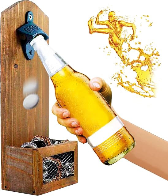 Goldmiky Wall Mounted Bottle Opener with Cap Catcher, Home Bar Accessories,Beer Gifts for Men Husband Father ,Vintage Wooden Beer Bottle Opener for Bar KitchenHome Deck Patio