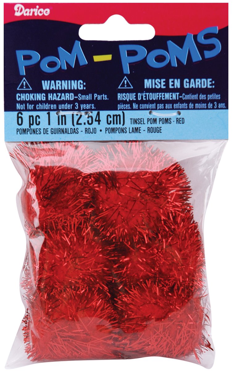 Tinsel Pom Poms 1" 6/Pkg-Red/Red