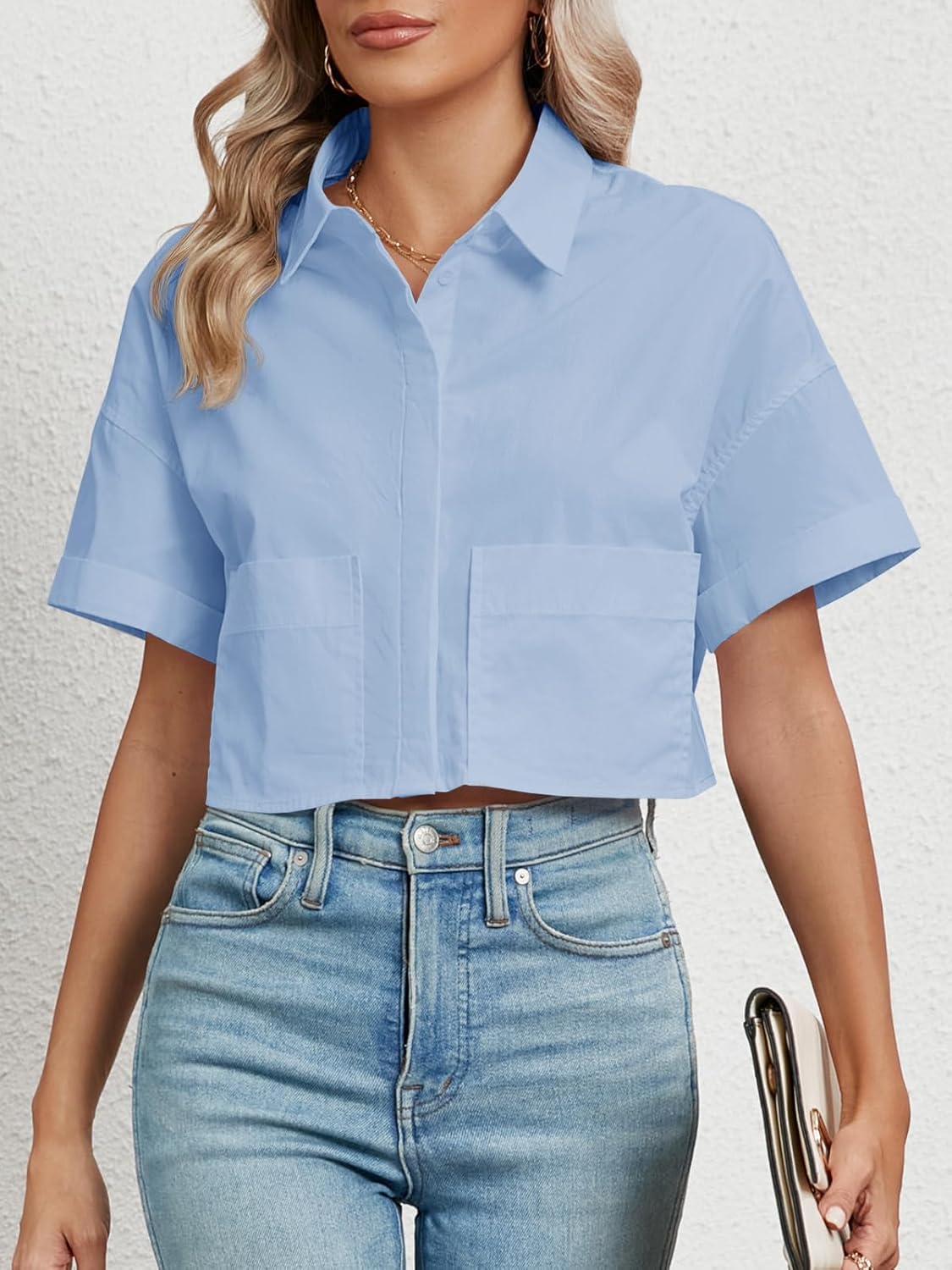 Tankaneo Womens Button Down Shirts Cropped Short Sleeve Casual Crop Tops Blouses with Pockets - Image 6