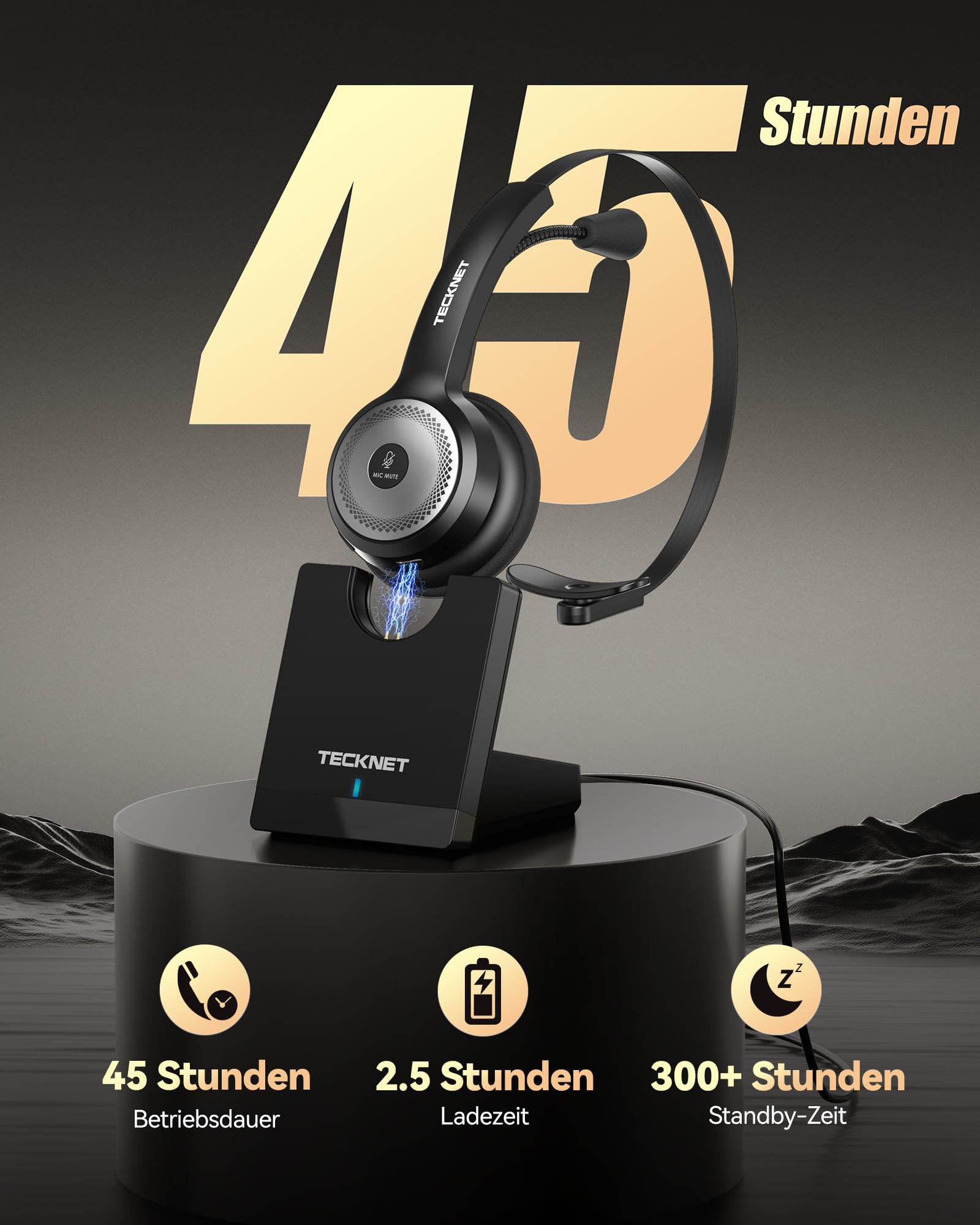 TECKNET Bluetooth PC Headset mit Mikrofon & USB Dongle [45 Std Anrufzeit & 10M Reichweite] kabelloses Headset mit Ladestation, Wireless Headset mit AI Rauschunterdrückung für Business,Büro,HomeOffice