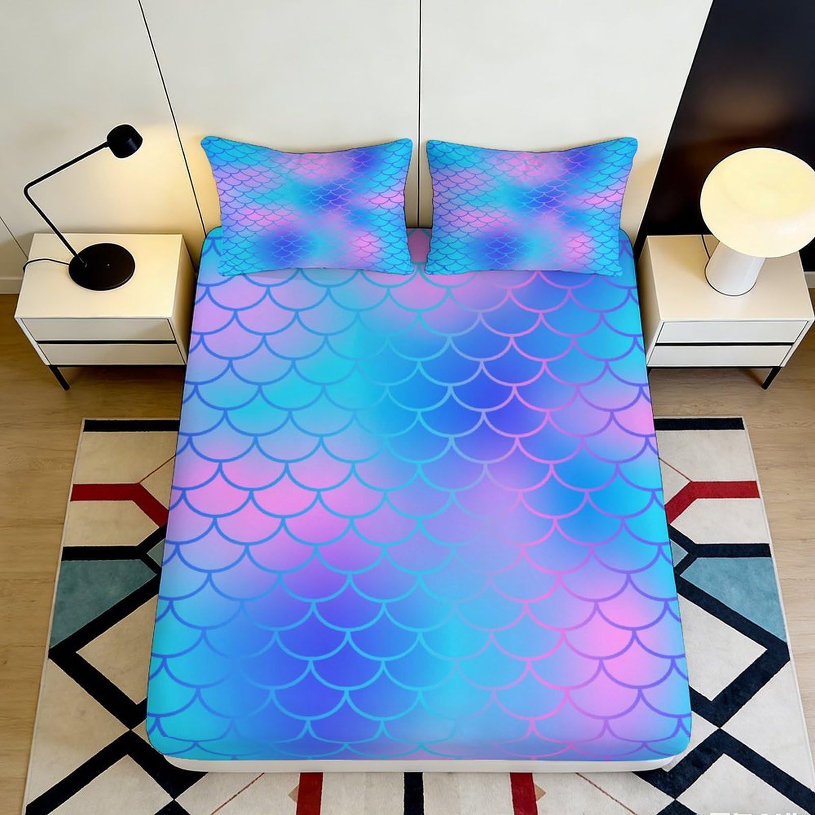 3D Printed Mermaid Scales Fitted Sheet Microfiber Soft Gradient Blue Pink Mattress Cover for Bedroom Guest Room Dorm Decor 140x200x25cm