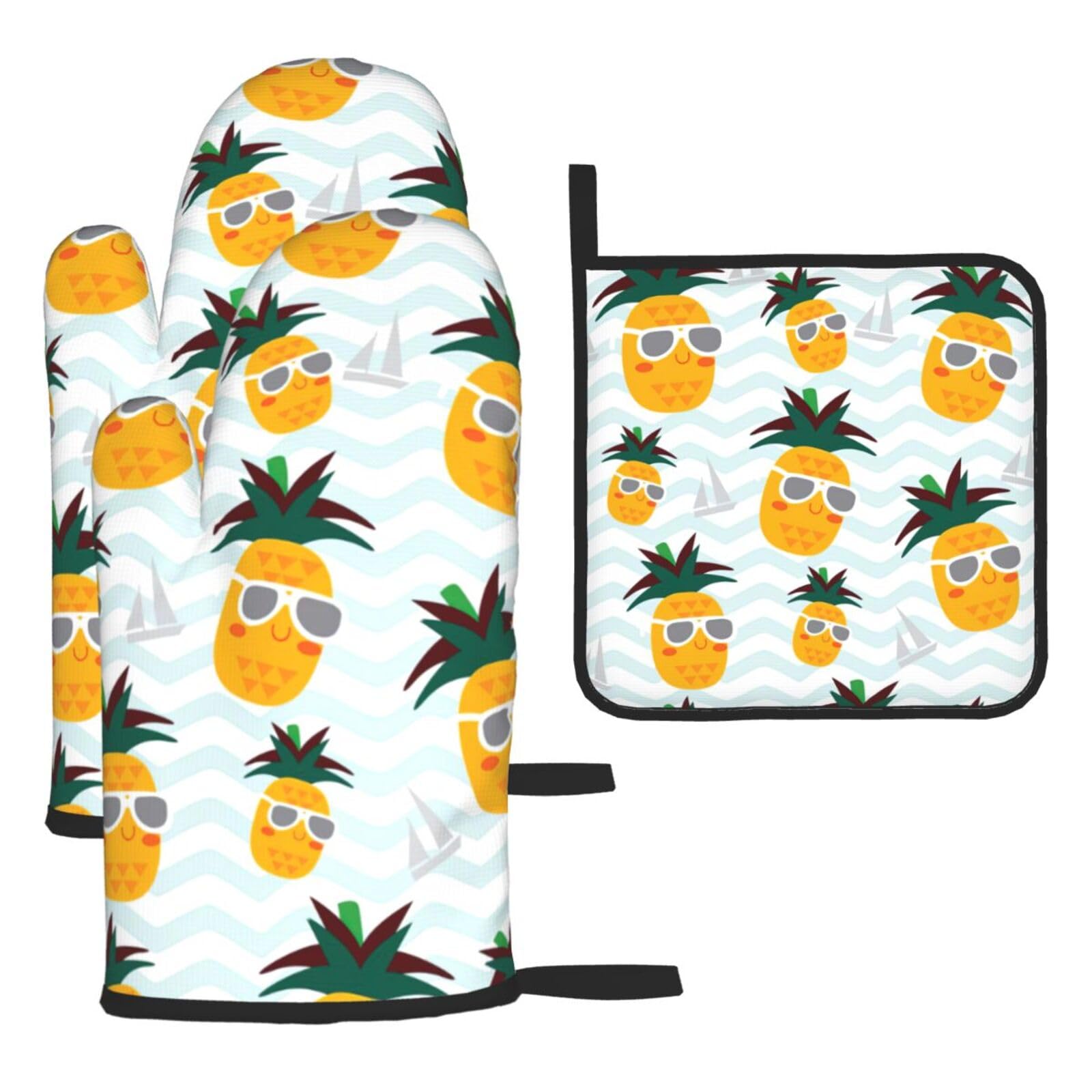 Cute Pineapple Print Oven Kitchen Gloves For Baking Outdoor Grilling Home Use Mitts Microwaving Bbq