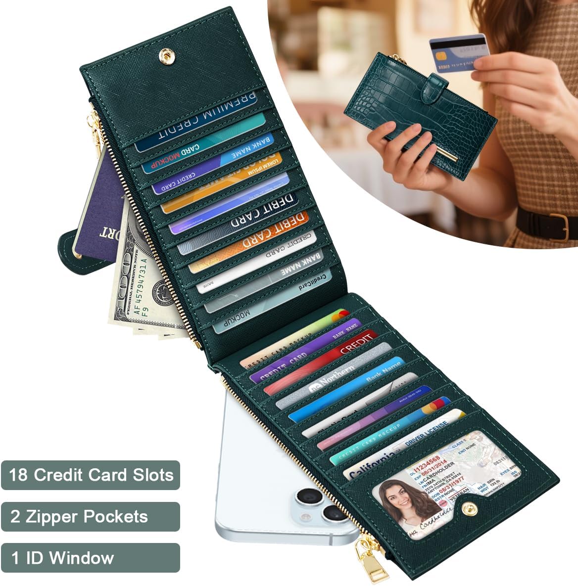 Women Wallet Large Capacity Wallets Crocodile RFID Blocking Multi Card Organizer Womens Billfold Long Purse Credit Cards Holder with Double Zipper,Pine Green - Image 2
