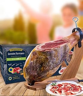Serrano Ham Shoulder, Spanish Jamon, 15-17 lbs, 12-Month Cured, Preservative-Free, with Wood Stand and Knife, Gift Box