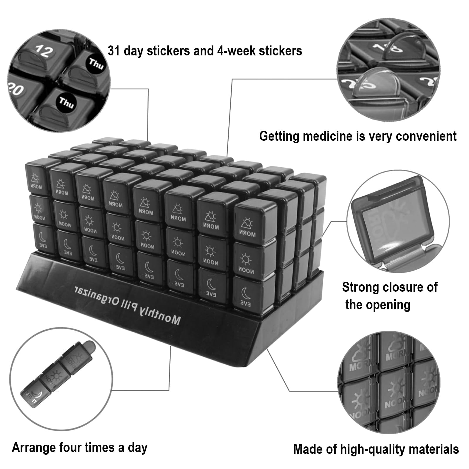 Organizer na tabletki 4 razy dziennie, Organizer na tabletki 31 dni, Pudełko na tabletki tygodniowe, 2 wyraźnie oznaczone przegródki, Łatwe zarządzanie i organizacja leków (Czarny, 4 razy dziennie)(Bl
