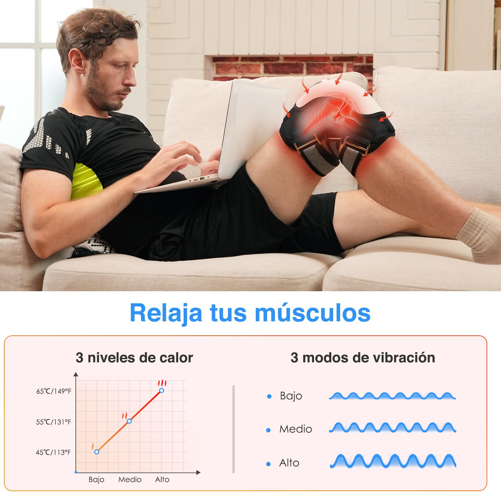 Rodillera Inalámbrica con Calor, Masajeador de Rodilla | Vibration und Luftdruck-Massage, 3 Heizstufen, 3 Vibrationsstärken, 5 Timer-Optionen, 5000mAh Akku