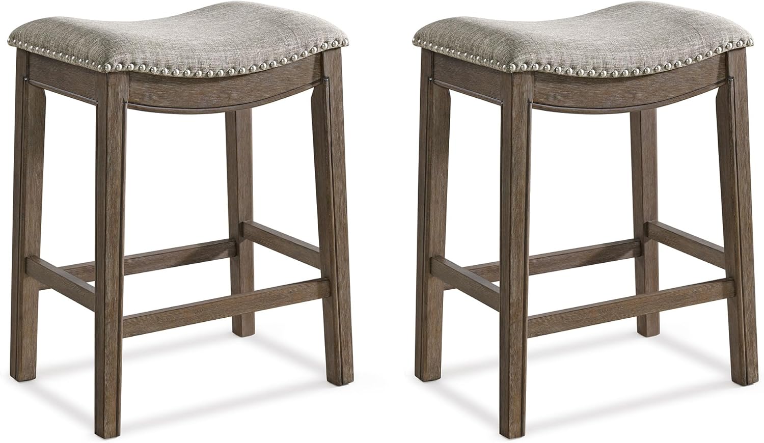 ROME + OAK Set of 2 Parker 26 Inch Counter Stool, Backless Saddle Kitchen Barstool in Walnut Finish with Grey Fabric Upholstery Cushion Seat