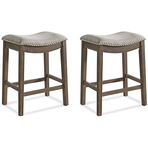ROME + OAK Set of 2 Parker 26 Inch Counter Stool, Backless Saddle Kitchen Barstool in Walnut Finish with Grey Fabric Upholstery Cushion Seat