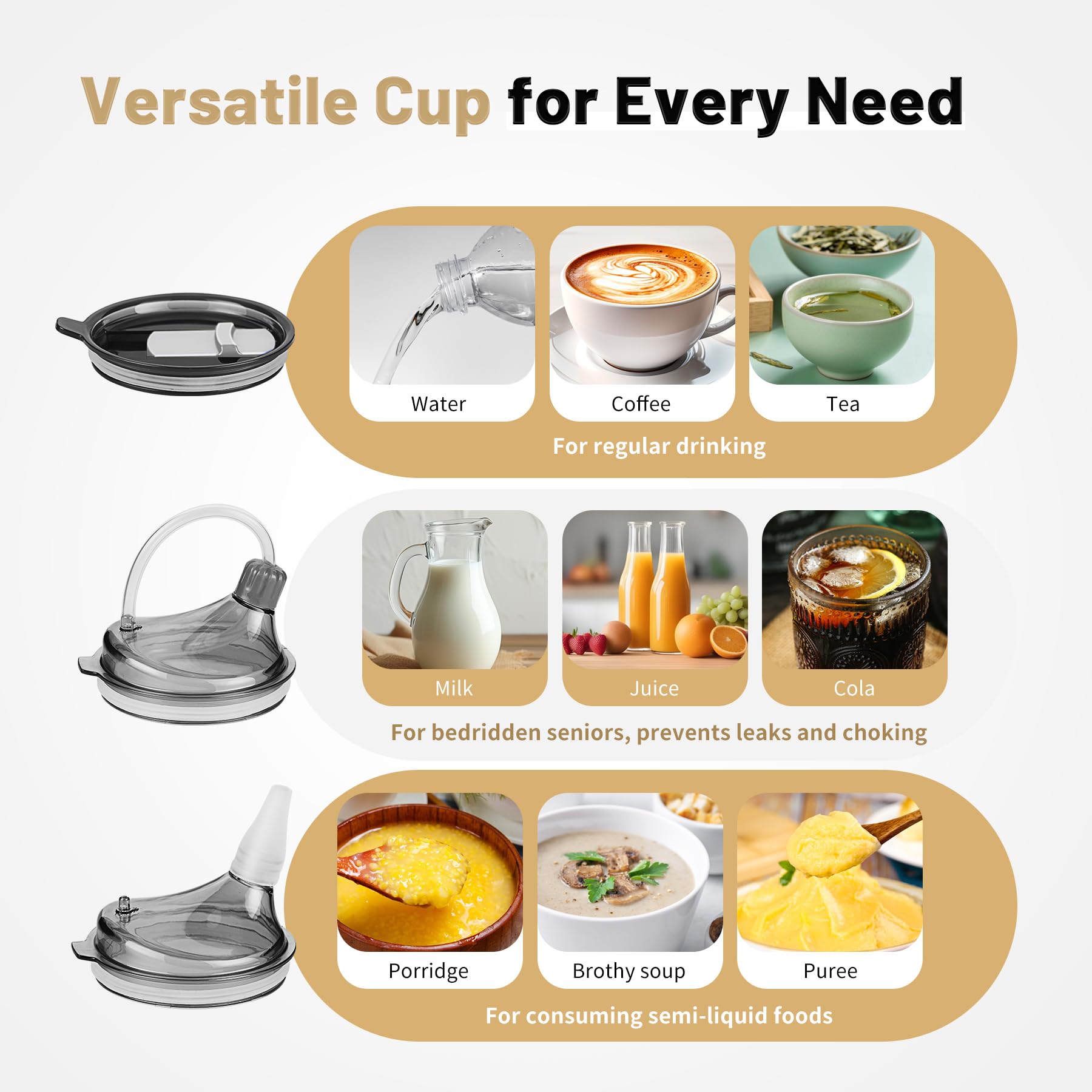 Vaso para adultos a prueba de derrames de 14 onzas con popote para ancianos, taza de acero inoxidable 3 en 1 con 2 tapas, taza de alimentación sin derrames para pacientes discapacitados,