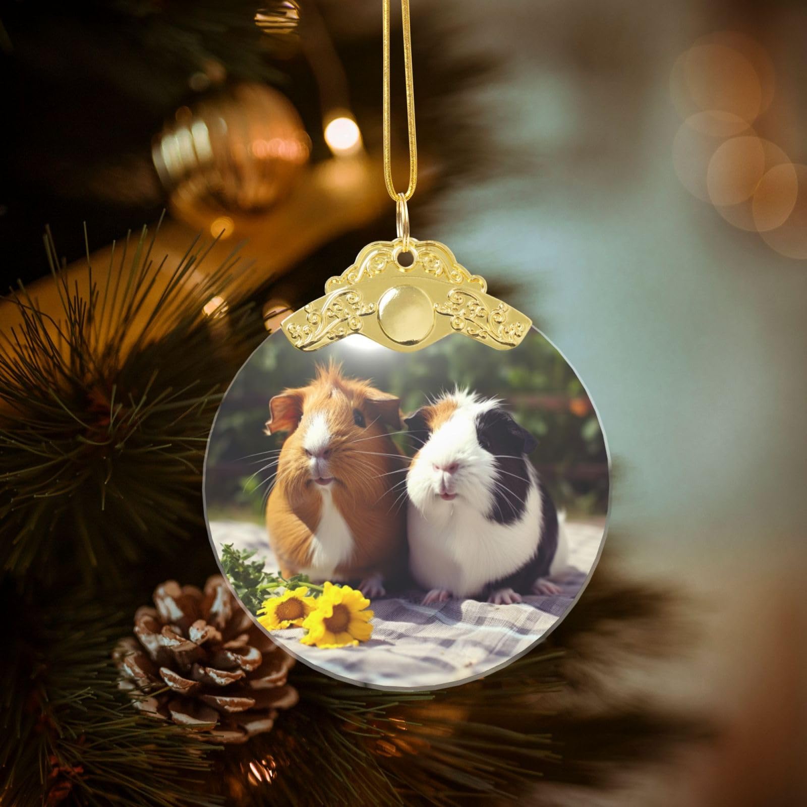 Crystal Christmas Ornaments for Christmas Tree Decoration Hanging Guinea Pigs Funny Ornament with Gold Ribbon Crafts Round Pendant for Keepsake Gifts Glass Xmas Decor Party Supplies