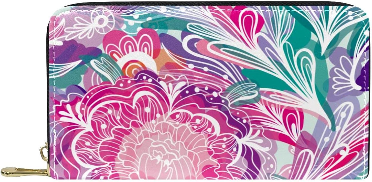 カードケース カードホルダー ラウンドジップ レザー調 ぞうさん お札入れ じゃばら式 ミニ コンパクト 持ち運び クレジットカード入れ おしゃれ か [WOSHJIUK] ラージ ウォレット PU レザー カード ホルダー,魔法の光の花が咲く、女性用と男性用の小銭入れ収納