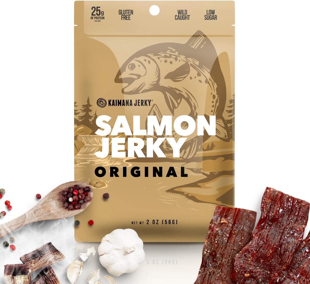 Wild Caught Salmon Jerky - Organic Gourmet Smoked Dried Fish Strips Rich in Omega-3 & Protein - Low-Calorie Snack with No Gluten, Less Sodium & Sugar - Original Flavor - 2oz Pack