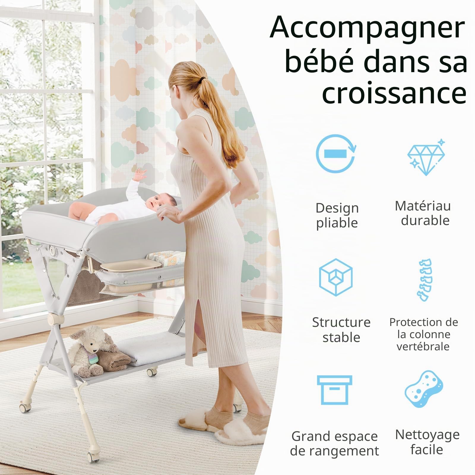 LIFEZEAL Table à Langer Pliante avec Roues Universelles, Espace de Rangement, Table Langer Bébé 0-6 Mois avec Charge de 11 KG, Tissu Hydrofuge, Oléofuge et Anti-taches, Gris