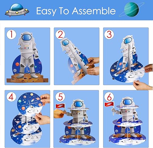 Miniatura 2 de Soporte para cupcakes de astronauta, soporte de cartón de 3 niveles, decoraciones de fiesta temática del espacio exterior, exhibición de torre de