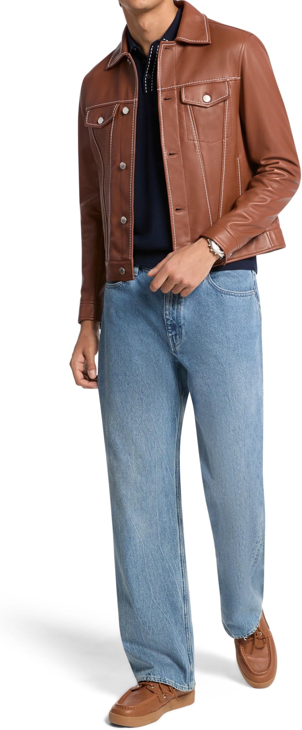 Michael Kors Men's Contrast Stitch Leather Trucker Jacket