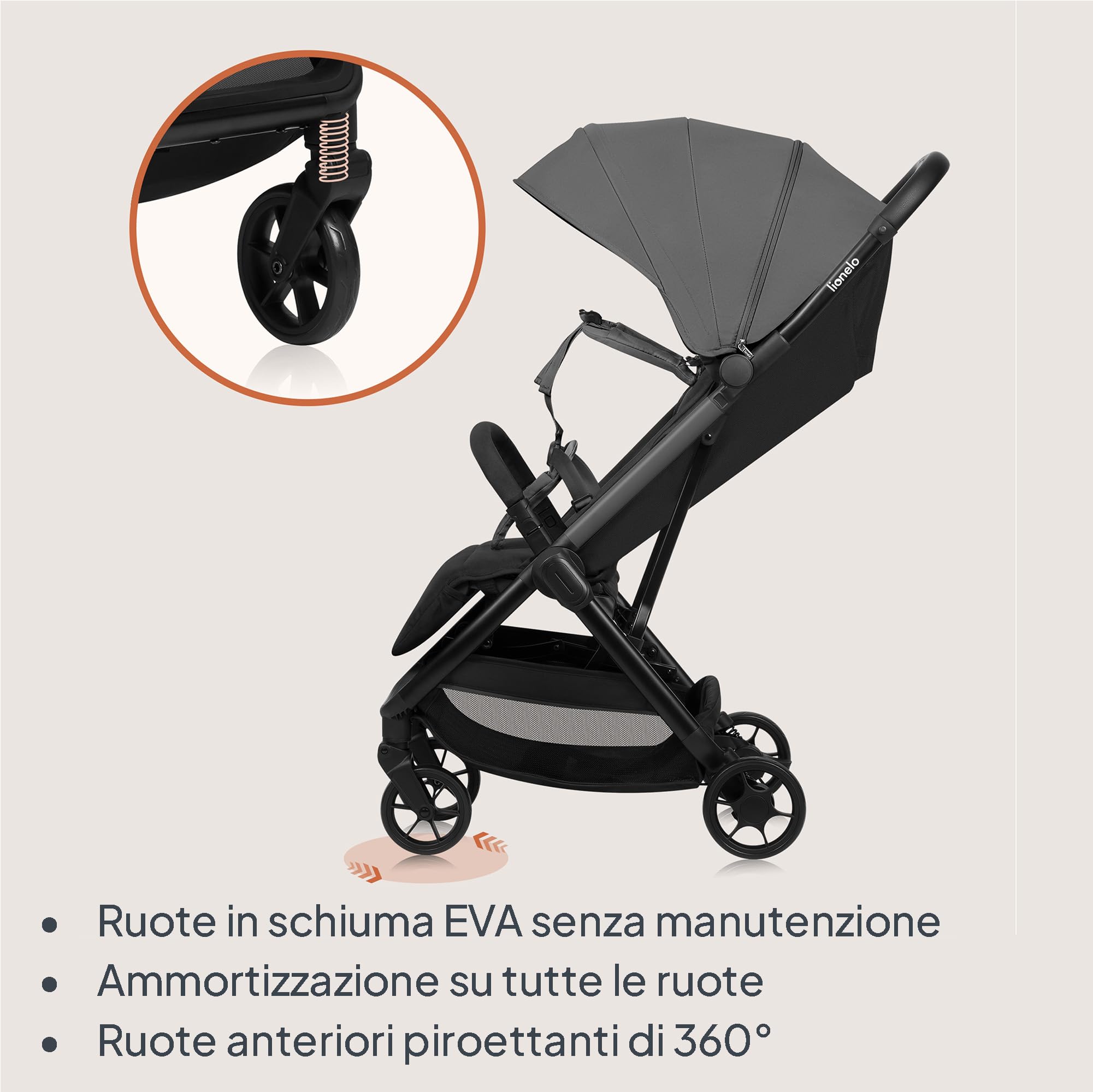 LIONELO Julie Air Passeggino da Viaggio per Aereo Pieghevole fino a 22 kg | Da 6 Mesi a 4 Anni, Leggero, Ruote Girevoli 360°, Sospensione, Chiusura a Una Mano, Schienale Regolabile, UPF50+
