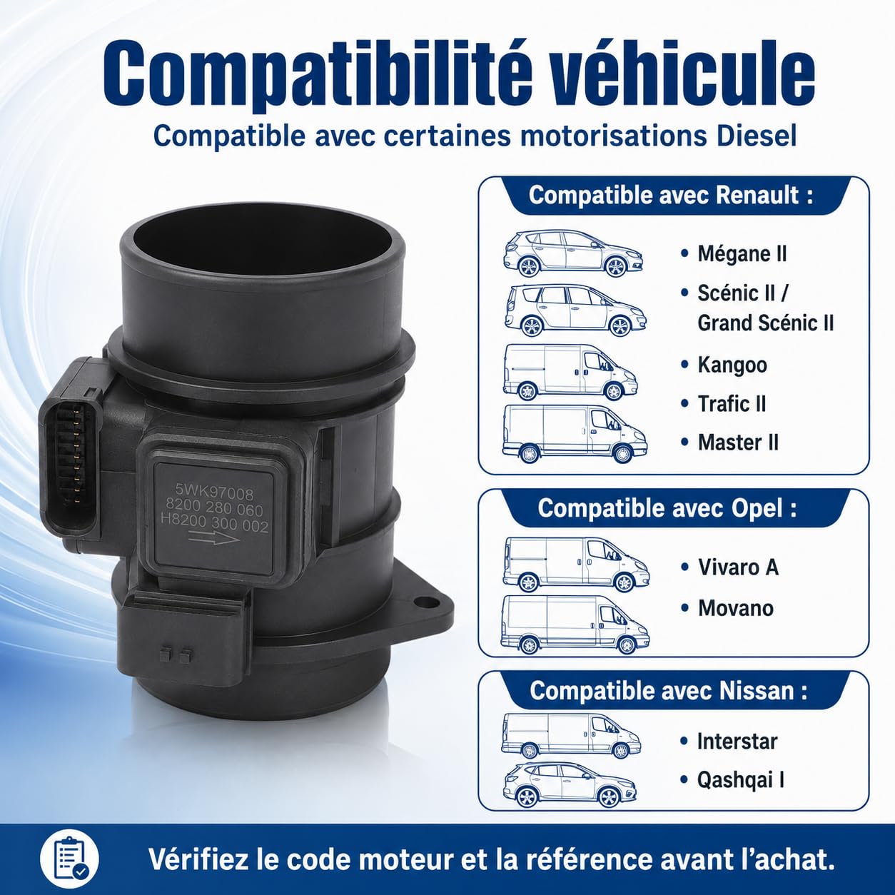 Débitmètre de Masse d’Air 5WK97008Z Compatible avec Renault Kangoo Mégane Scénic Trafic Master, Opel Vivaro Movano, Nissan Interstar Qashqai, 8200280060 H8200300002