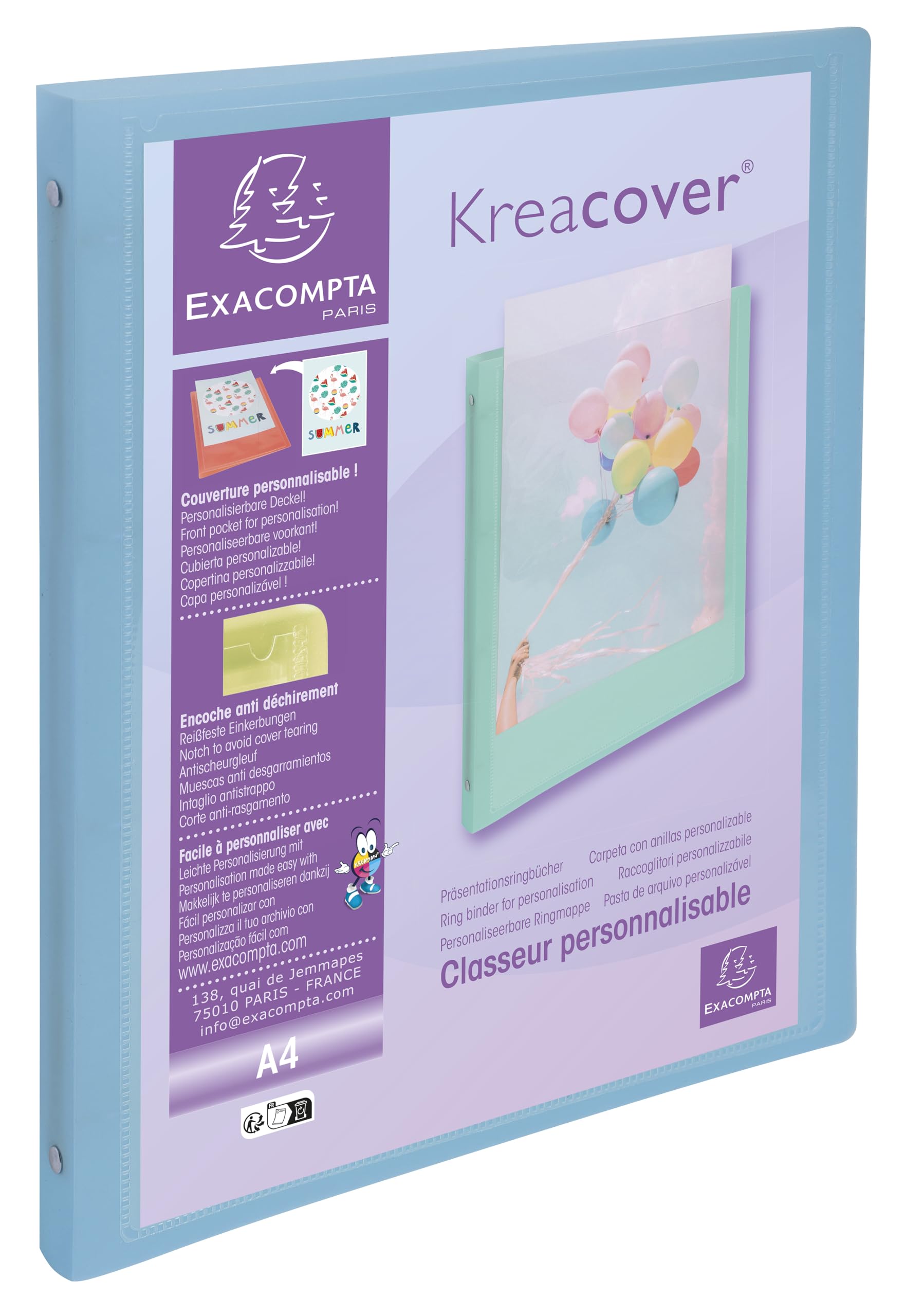 Exacompta - Ref. 51279E - 1 flexible binder - in polypropylene - Kreacover pastel - 4 round rings diam 15mm - dimensions 320x250 mm - for A4 format - random color