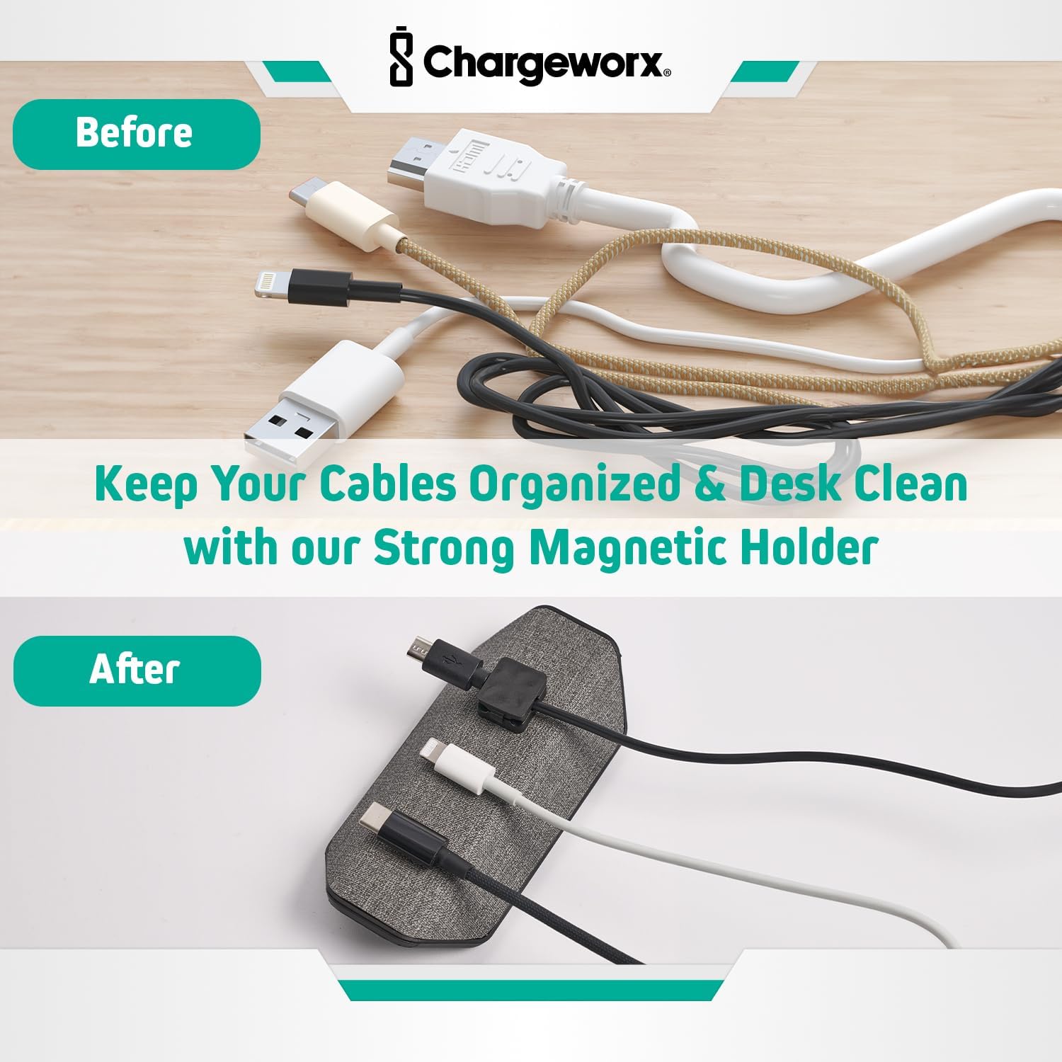 CHARGEWORX Magnetic Cable Organizer – Weighted Non-Adhesive Cord Holder with 3 Magnetic Clips for USB-C, Lightning & MagSafe Cables – Desk, Office & Nightstand Cable Management - Image 2