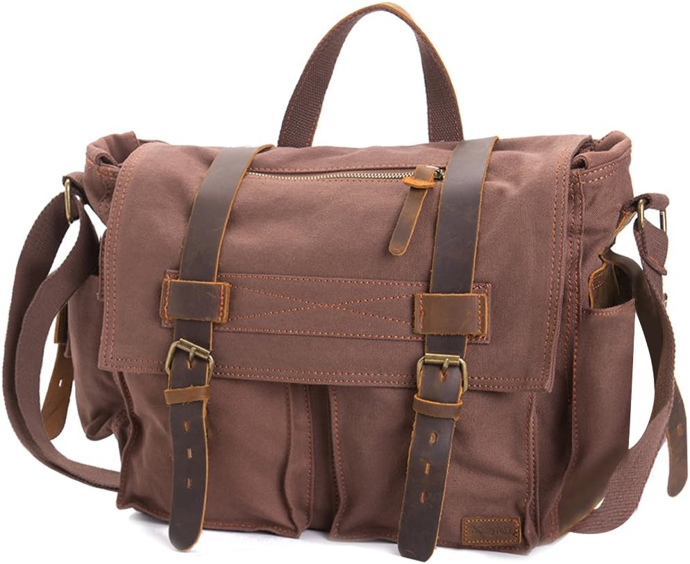 Vintage Satchel Messenger Bag,WalkingToSky 15.6 inch Leather Shoulder Laptop Bags Canvas Briefcase Cross-body Bags for Men and Women(Coffee)