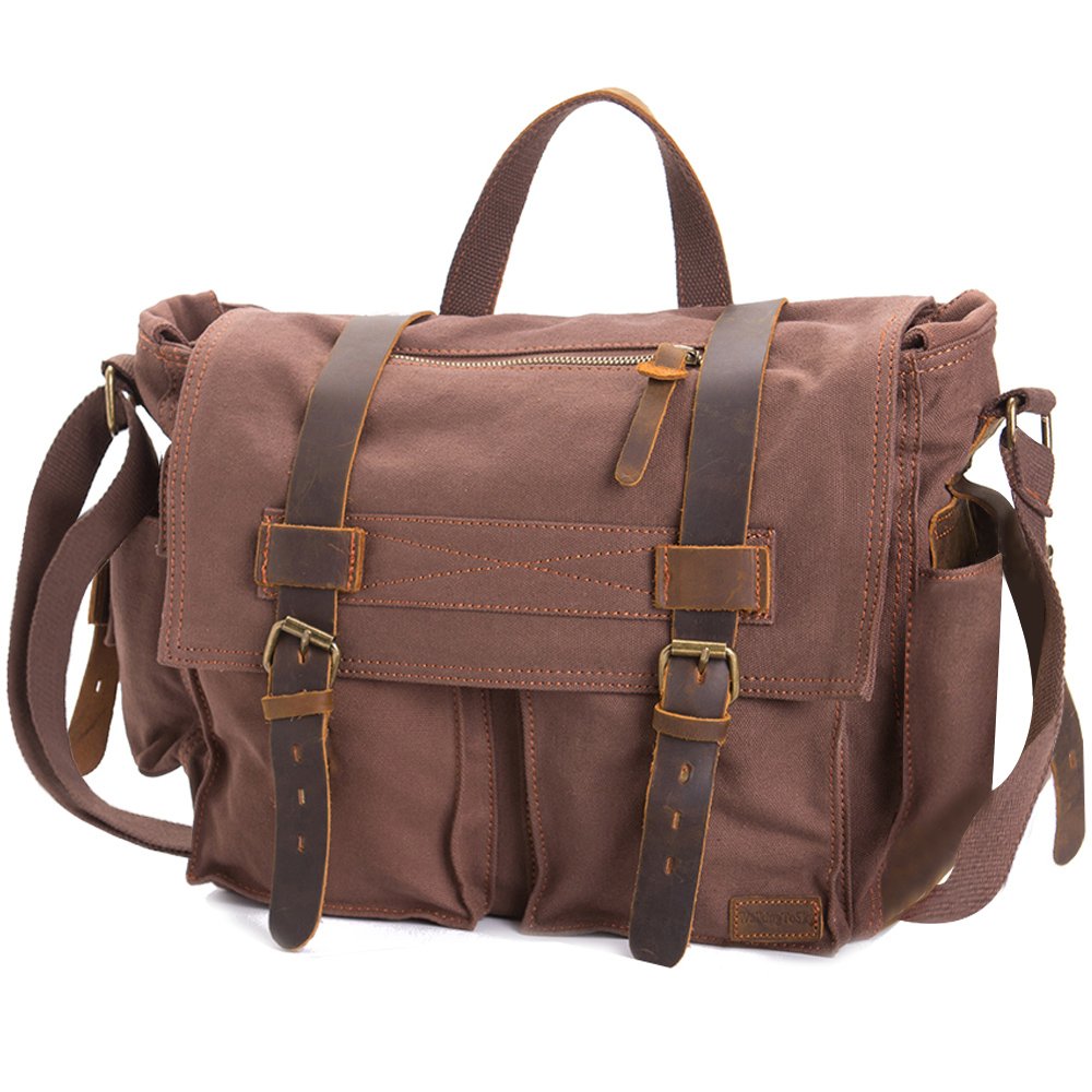 Vintage Satchel Messenger Bag,WalkingToSky 15.6 inch Leather Shoulder Laptop Bags Canvas Briefcase Cross-body Bags for Men and Women(Coffee)