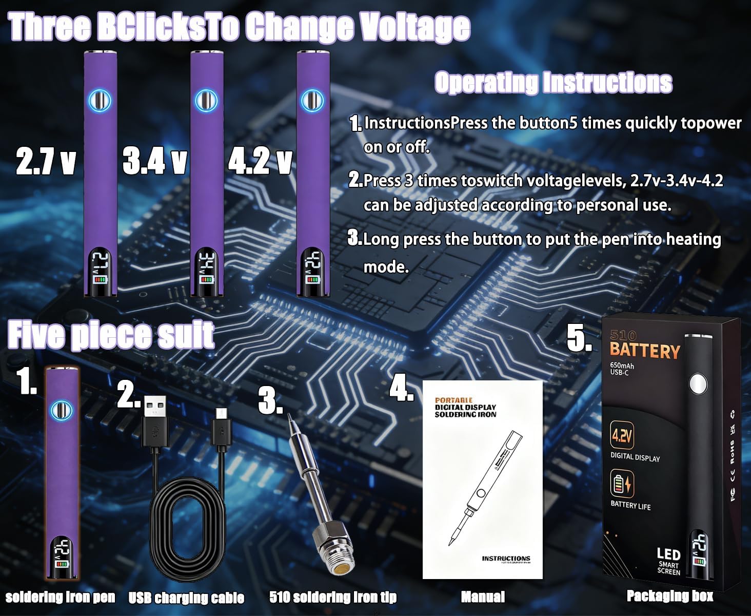 510 Thread Battery Professional Cordless Soldering Iron with LED Display Precise Temp Control USB-CRechargeable 650mAh Electric Purple Soldering Pen, Precision work/Appliance Repair, 3Speed Adjustment