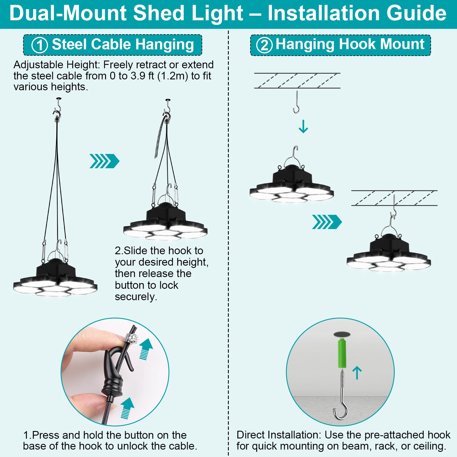 T-SUN 2000LM Lampe Suspendue LED Compatible avec Ma-kita 18V, Suspension LED 65W, 2 Modes d'éclairage, 6000K Lampe de Camping Portable avec USB et Type-C pour Jardin Chemins Garage(Sans Batterie)