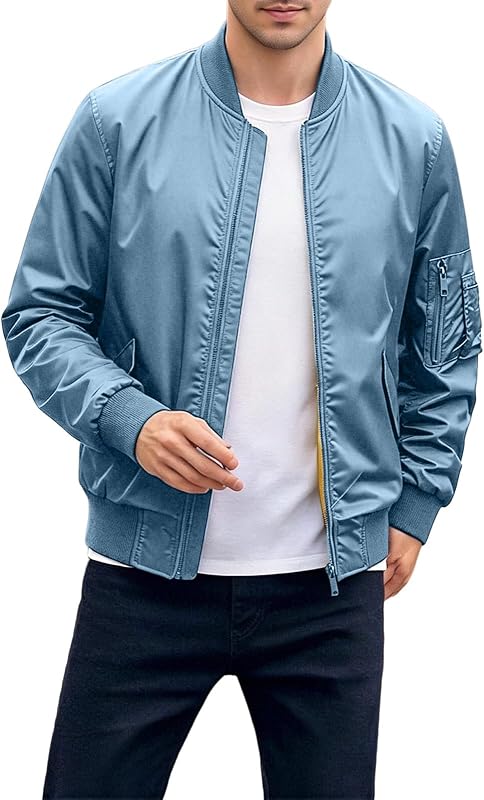 Men Stand Collar Bomber Jacket Elastic Cuff Long Sleeve Zip Up Solid Coat Fashion Casual Fall Winter Work Outerwear