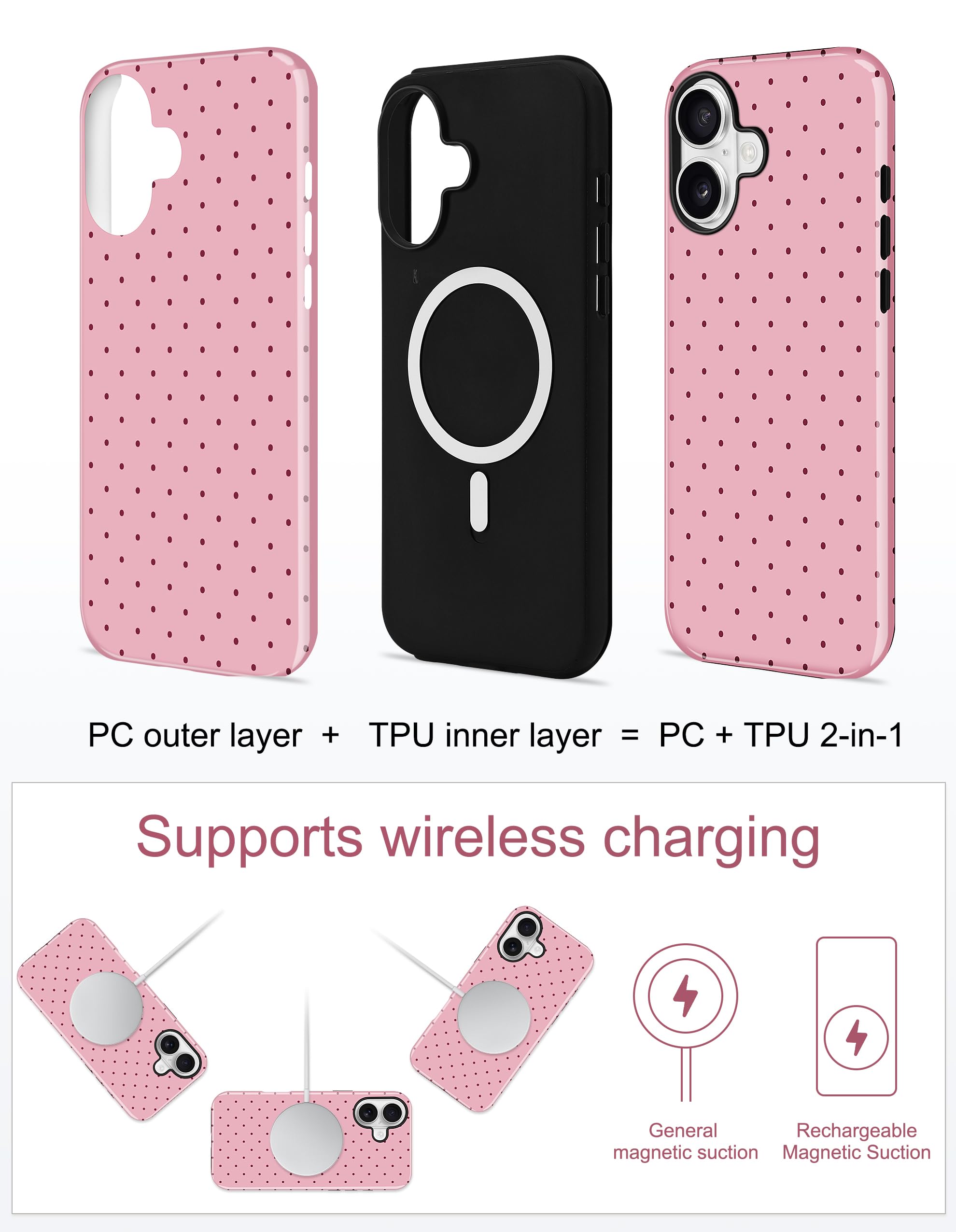 Condition photo showing New/Like New for jusy magnetic polka dot case for iphone 16,dark pink | compatible with magsafe, cute aesthetic polka dots design, tpu and pc protective shockproof cover