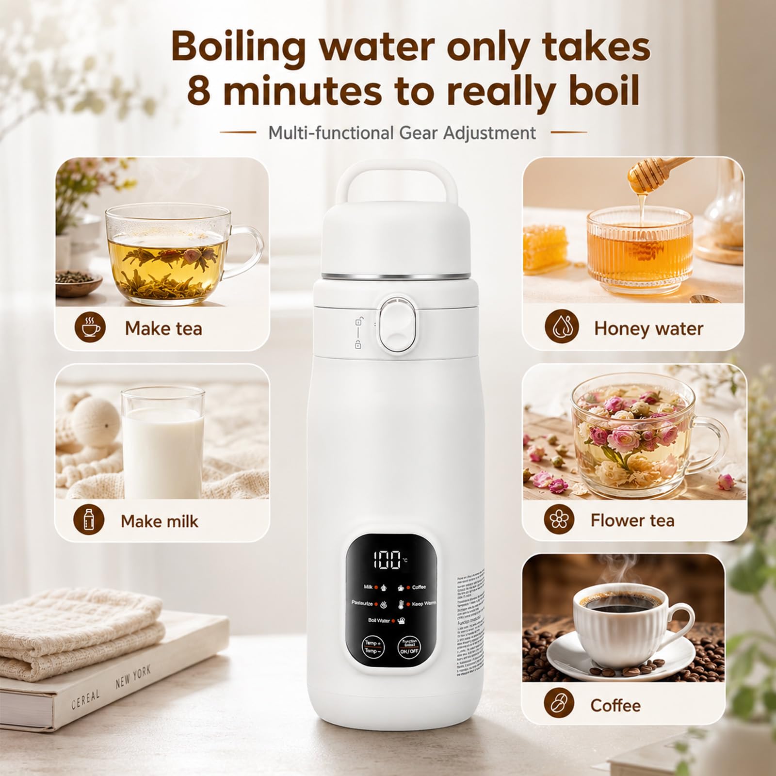 Bouilloire électrique portable 500 ml, 3 types d'alimentation de voiture/USB/prise européenne, 5 réglages de température