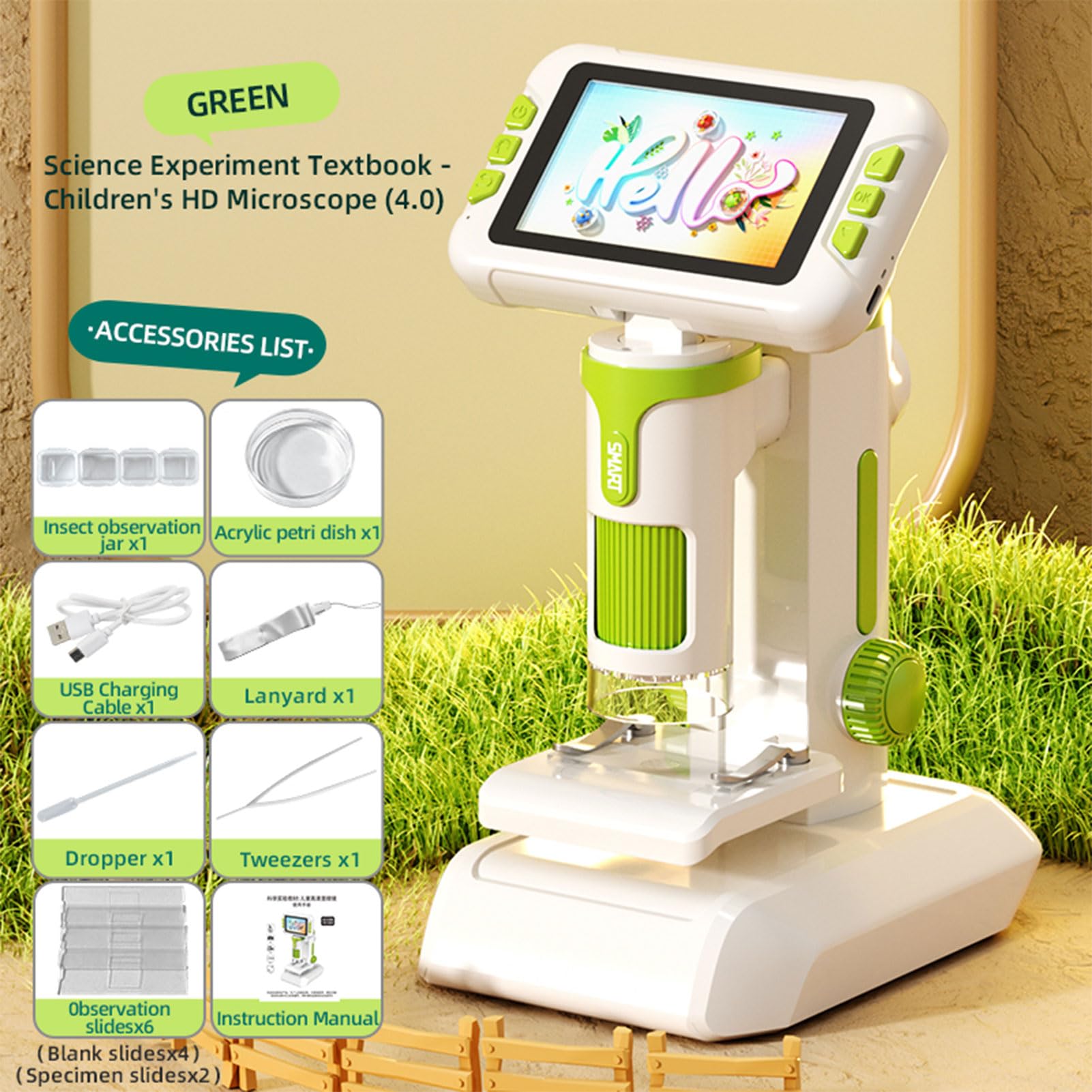 Goshyda Microscopio Portatile, Ingrandimento 100X 1600X, Schermo HD 1080P da 4 Pollici, Microscopio per Bambini Dai 5 Ai 18 Anni, con 6 Luci LED Regolabili, Cavo USB, Vetrini