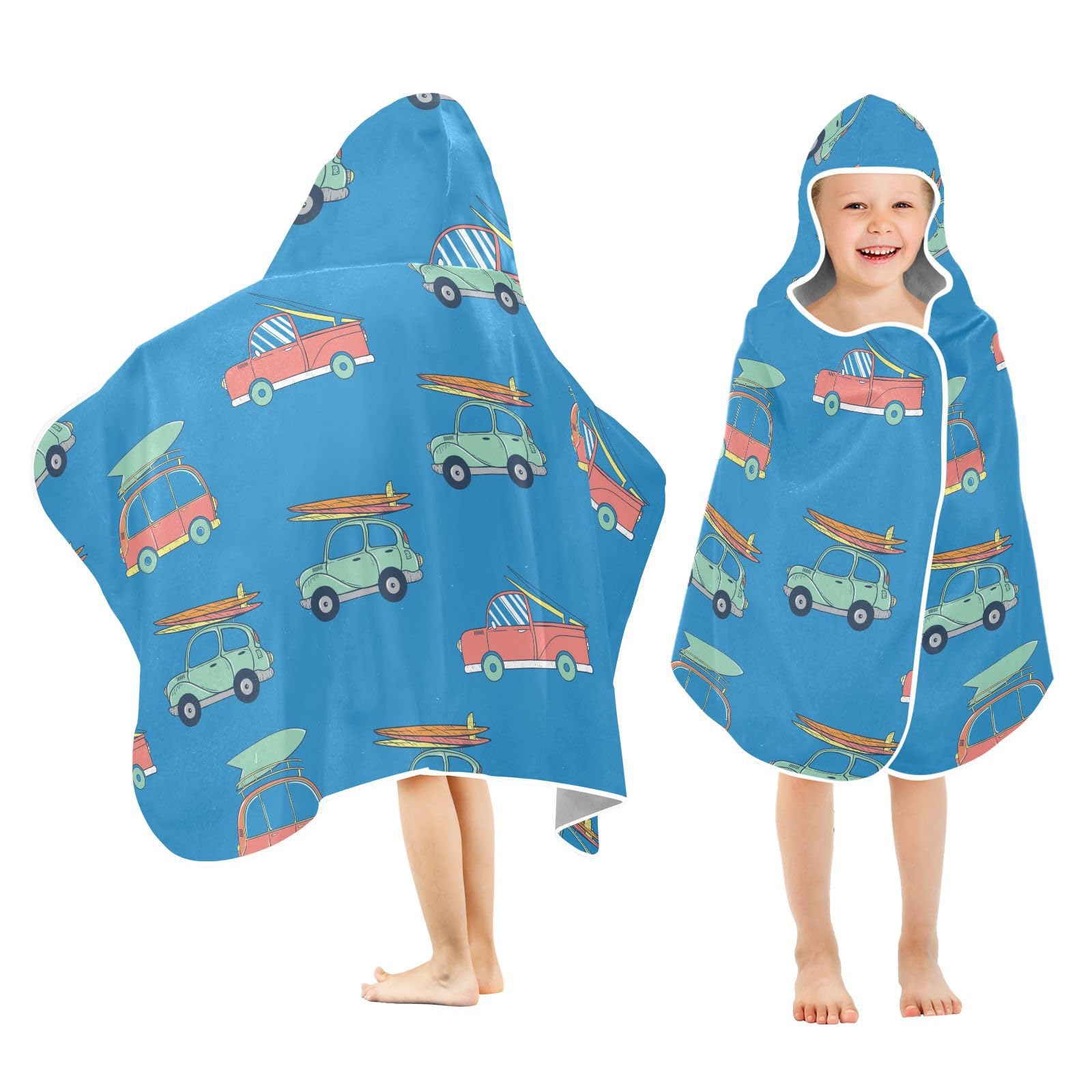 susiyo Kids Hooded Bath Towel Summer Car Beach Towel for Kids 23.5 x 50 Inch Microfiber Soft Absorbent Quick Dry Bath Swim Pool Towel Wrap Poncho Bathrobe with Hood for Kids Toddler