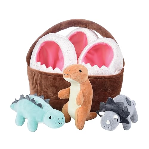 Cre8tive Minds Cesta de muñecas de peluche de dinosaurio bebé, juego de peluche de dinosaurio súper suave, juguetes de 7 piezas para niños pequeños