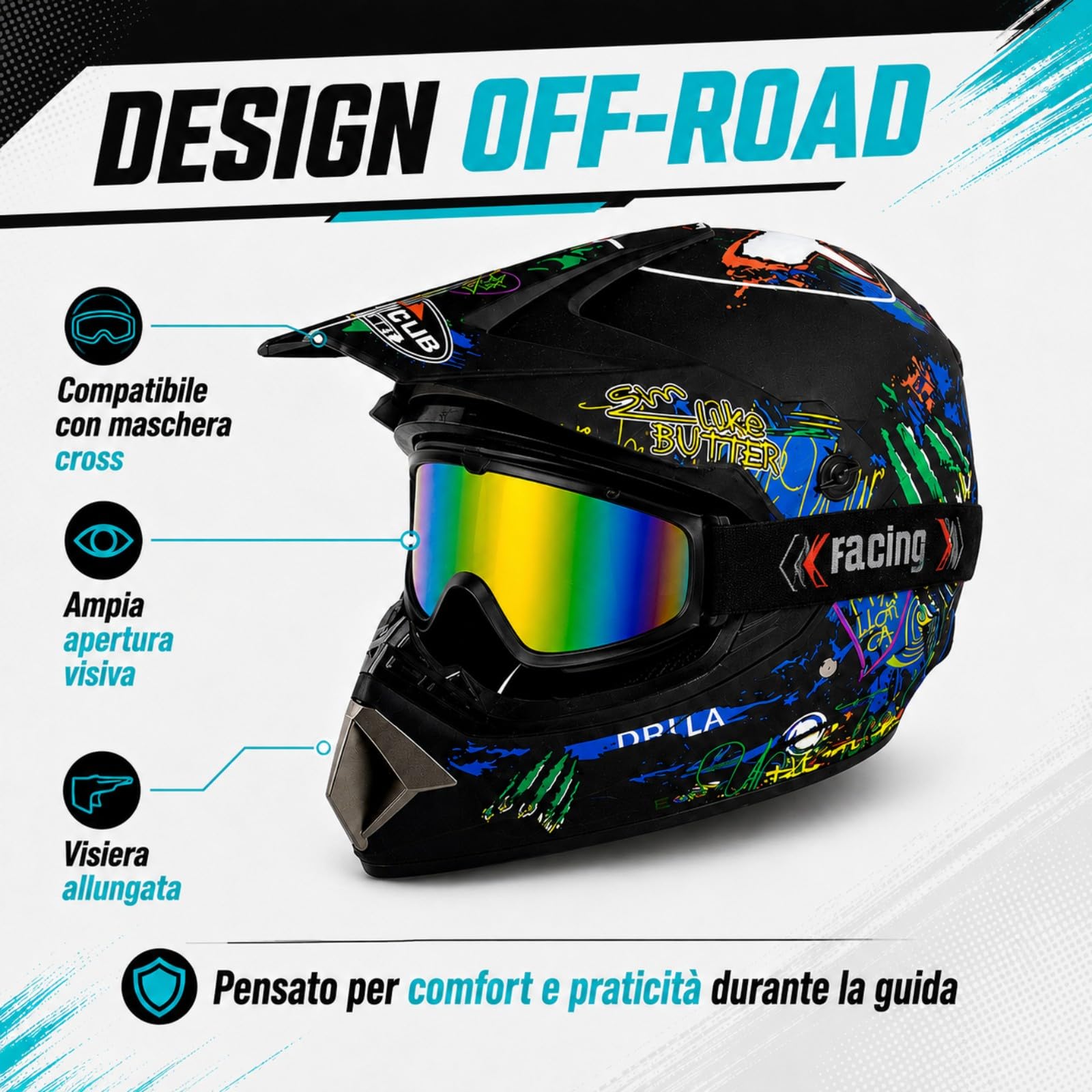 Set Casco Cross Integrale nero multicolore con Occhiali e Guanti