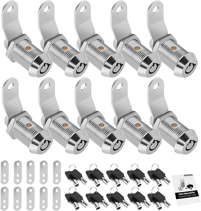 10 Pack Lock with Keys, RV Storage Locks, 7/8” Tubular Cam Lock