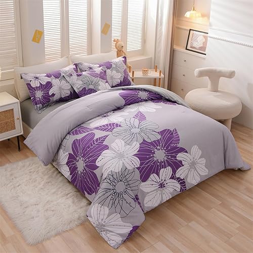 Miniatura 3 de Holawakaka Juego de edredón floral Queen de 6 piezas, cama en una bolsa, flores moradas impresas en gris, juego de ropa de cama botánica de
