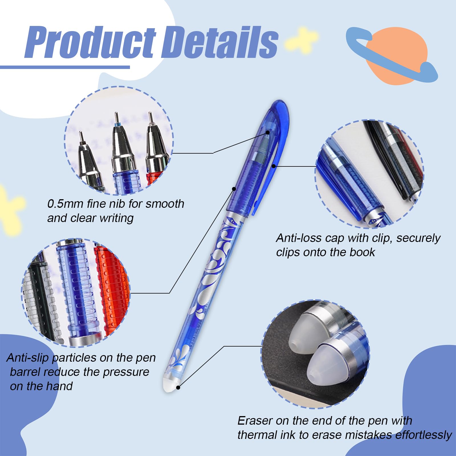 6 Penne Cancellabili 0.5 Mm Con Gomma - Inchiostro Termico Blu E Nero - Motivi Animali Cartoon - Ideali Per Scuola, Ufficio E Bambini - 2