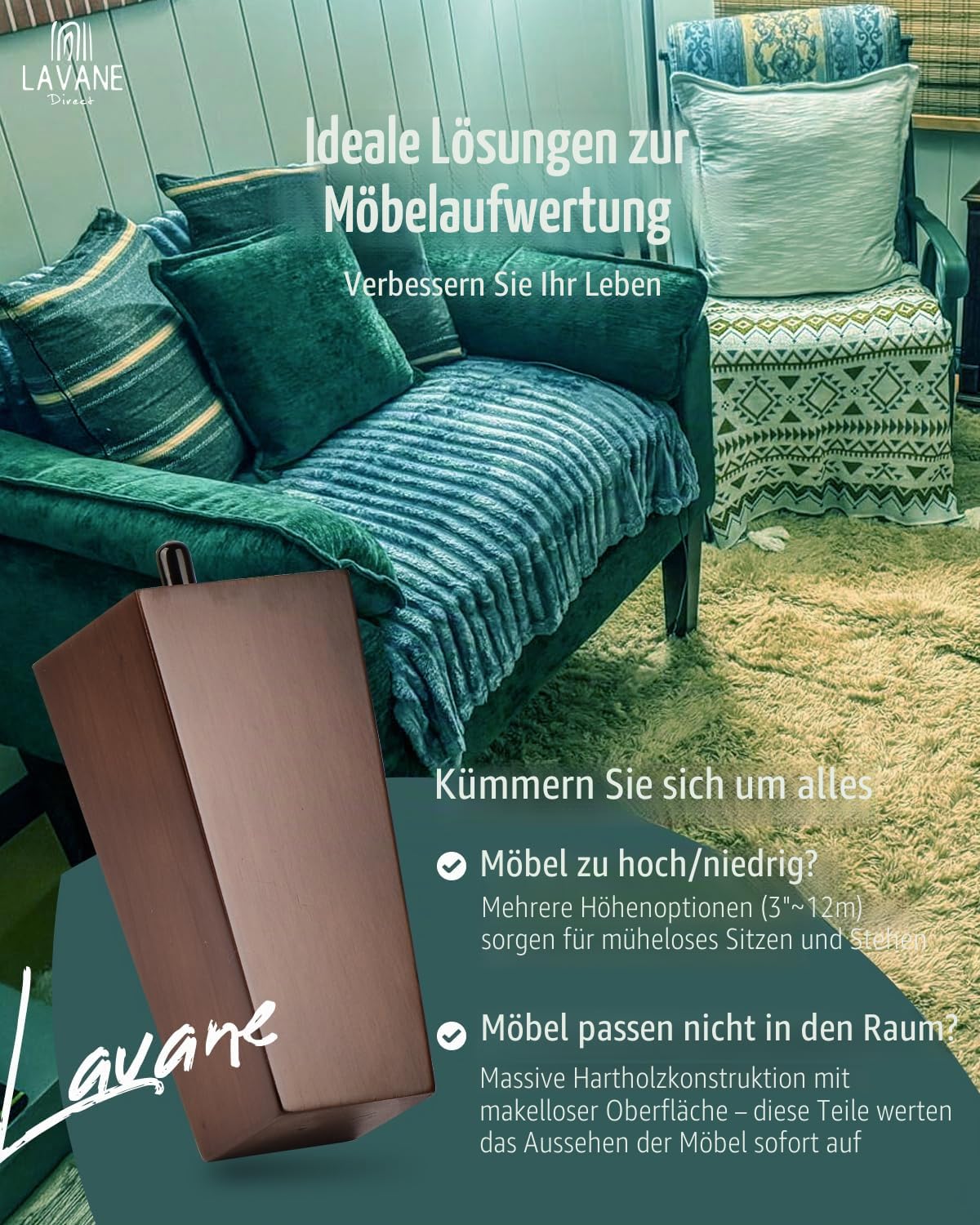 La Vane 30cm Massivholz Pyramide Möbelfüße mit M8 Bolzen 4 Stück Walnuss
