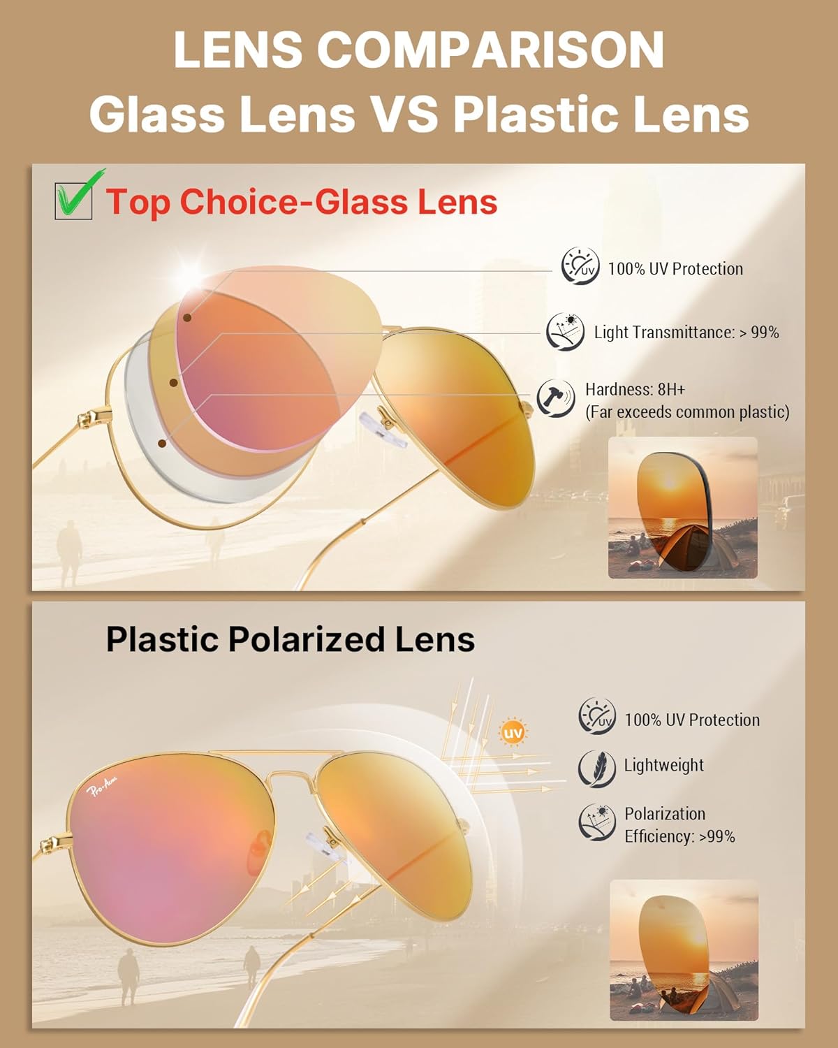 Pro Acme Classic Aviator Sunglasses for Women & Men Glass Lens Metal Frame UV400 Driver Sunglasses - Image 4