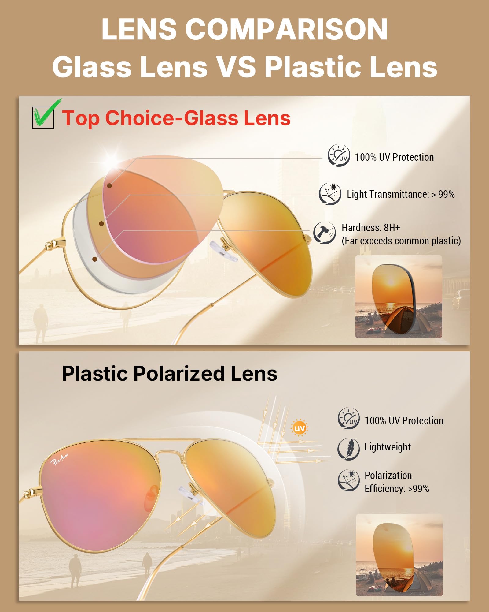 Pro Acme Classic Aviator Sunglasses for Women & Men Glass Lens Metal Frame UV400 Driver Sunglasses - 4