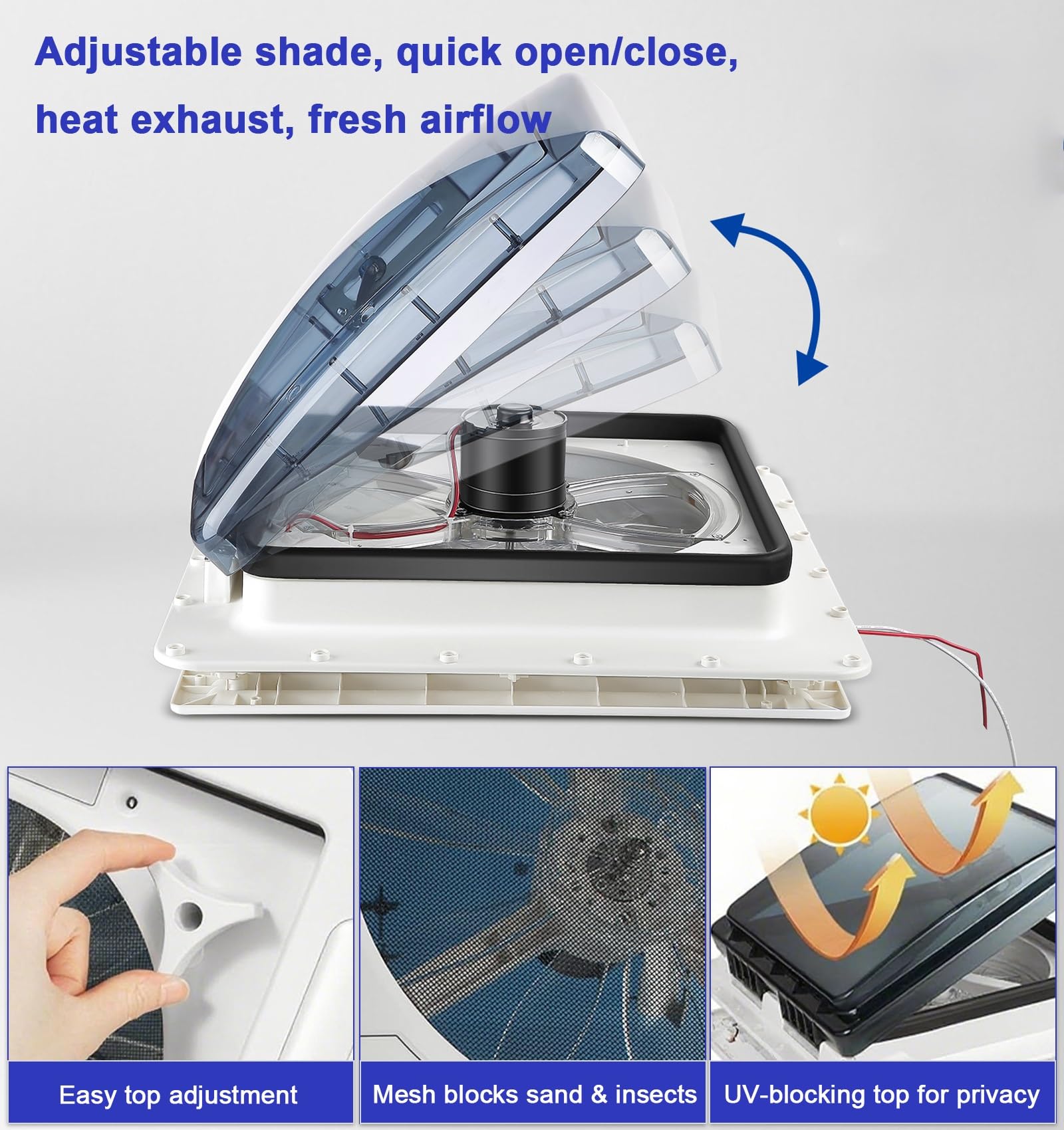 Oblò Tetto Camper con Ventilatore 28×28 / 36×36 cm, Installazione Senza Fori, Ventola ≤65dB, Impermeabile, Basso Consumo, Struttura PP/PC/ASA con LED(36cm/14.17in)