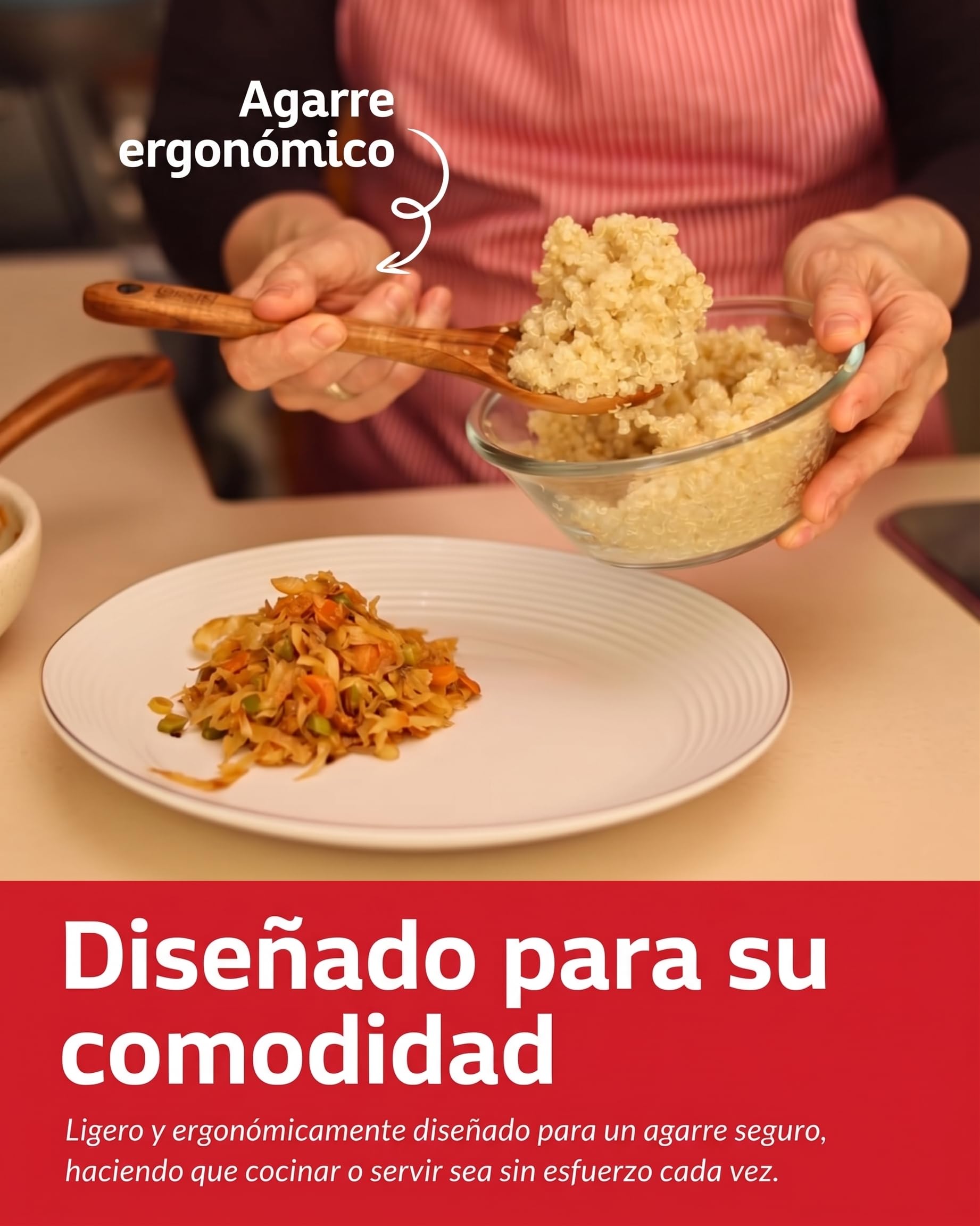 Boxiki Kitchen - 6 Cucharas de Madera para Cocinar - Set Duradero con Acabado Suave de Madera de Teca - Set de Cucharas y Espátula para Sartén Antiadherente para Uso Diario