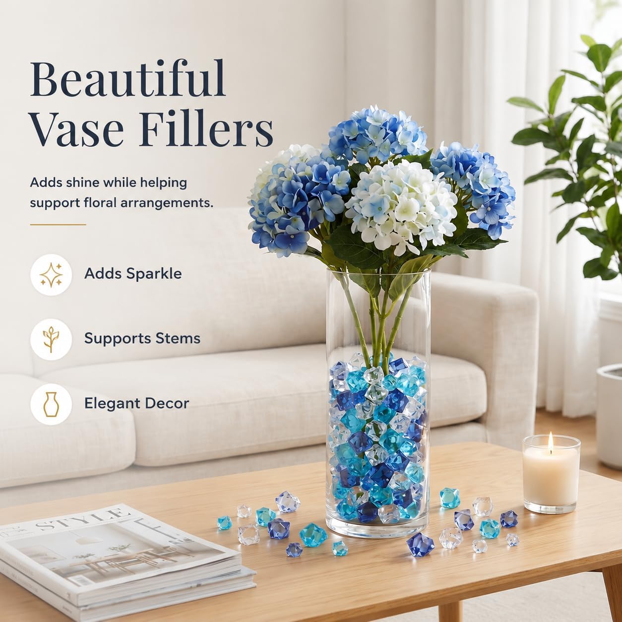 Fake Ice Cubes, 700Pcs 5 Size Acrylic Ice Vase Fillers for Centerpiece Fish Tank Aquarium Decor DIY Craft Dark Blue Artificial Crushed Rocks Plastic Diamonds for Table Wedding Party Scatter image 3