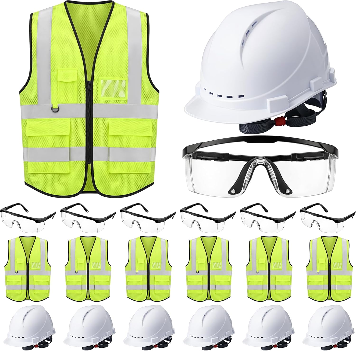 Mumufy 18 Pcs Construction Safety Kit Includes Cap Style Hard Hat White, High Visibility Vest, Clear Safety Glasses Adjustable Professional Ppe Bulk Set for 6 People, Industrial Work Gear Bundle