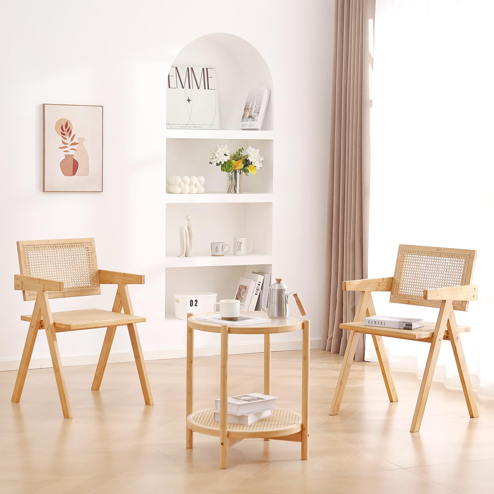 Juego de 2 sillas de ratán modernas de mediados de siglo, sillas de sala de estar de bambú para sala de lectura, comedor, cocina, madera 4