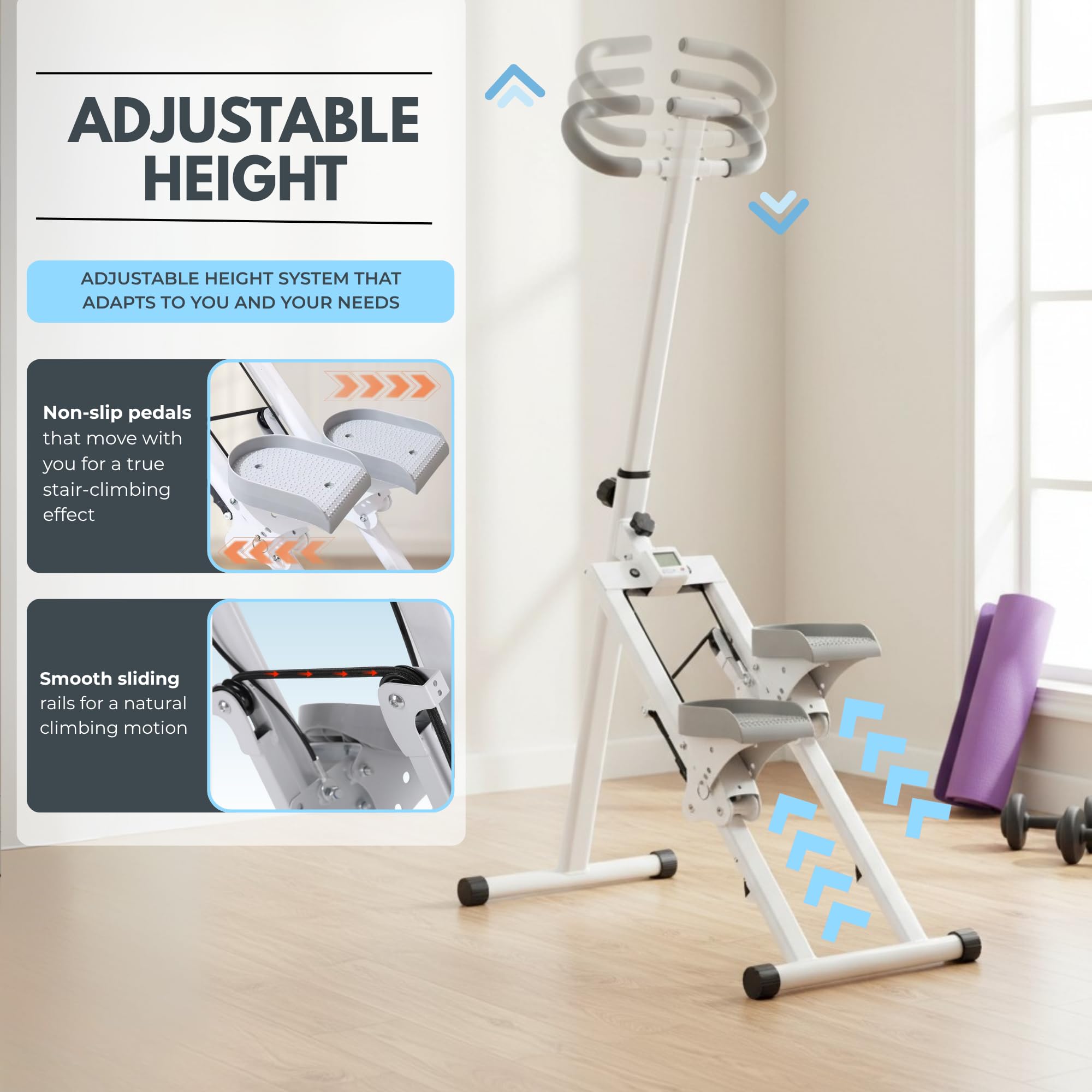 Máquina Escalada. Escalador de Fitness Plegable, Escalones Entrenamiento con Manillar y Pedales. Pantalla LCD y Resistencia Ajustable para Ejercicio Cardio en Casa.